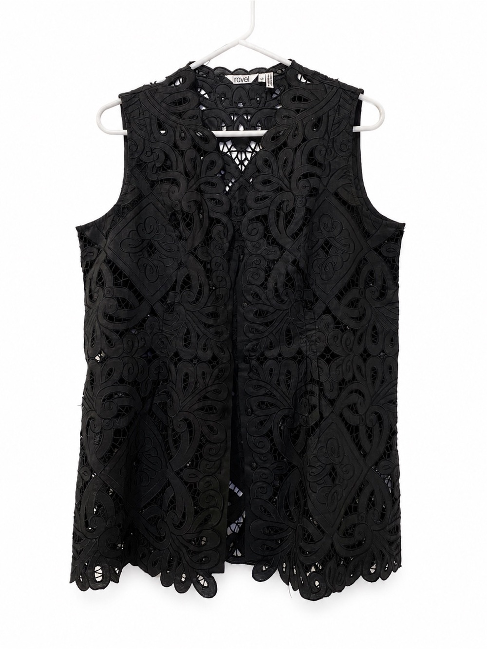 Ravel Black 100% Ramie Cutwork Lace Vest Large Open Front Embroidered